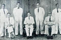 CMSF Committee of Management 1956. Seated (L-R: A.M.A. Azeez, M.U.M. Saleem (President BoT) & M. Mathany Ismail (Chairman). Standing (L-R): M.H.S. Marikar, M.L.M. Mackeen, Dr. A.C.M. Sulaiman & Dr. A.R.M. Waffarn Absent: Capt. S.I.S. Hameed (Secretary), A.J.M. Jameel & M.M. Thahir.